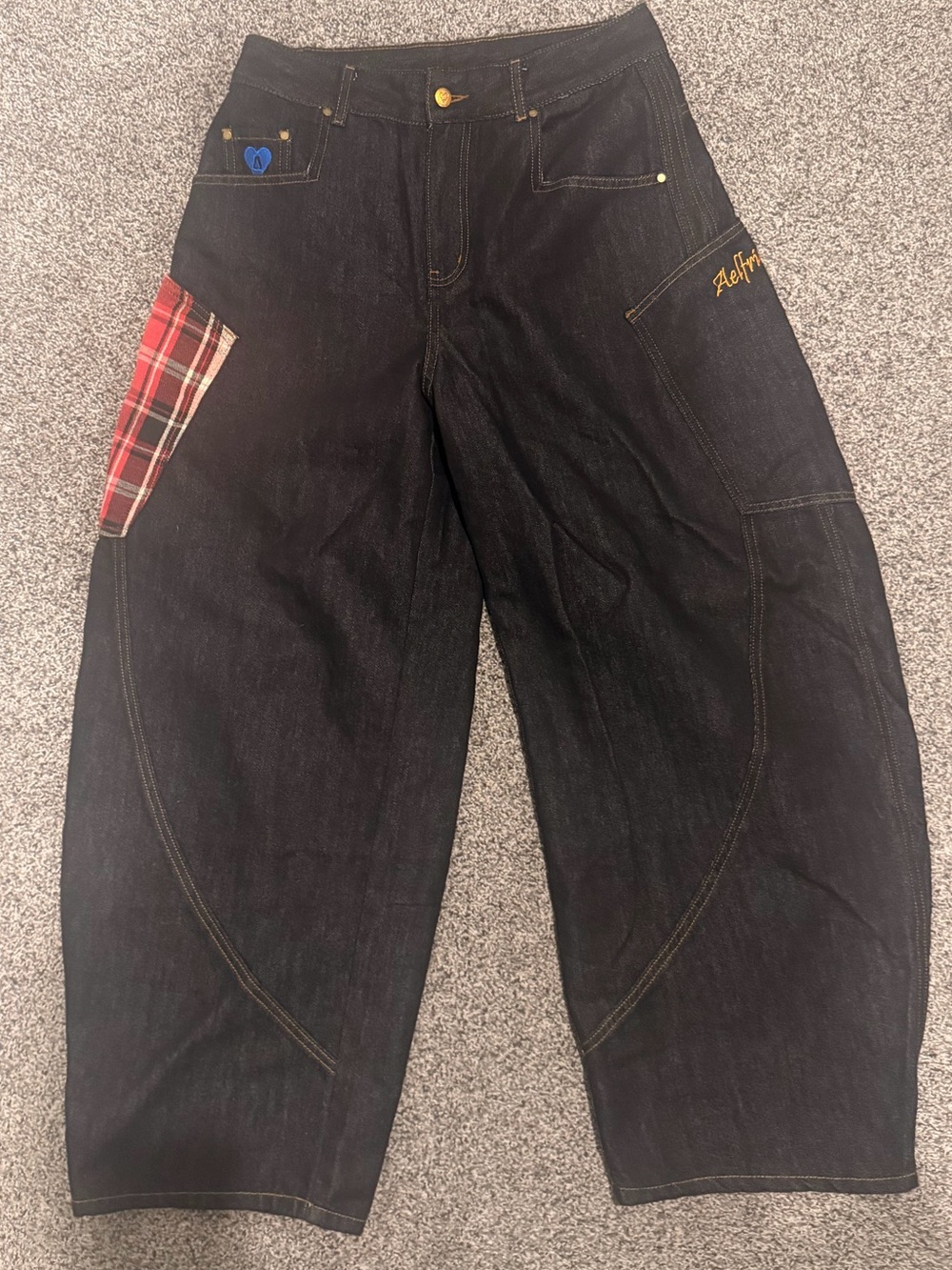 Aelfric Eden Boyfriend Jeans with Red Plaid Accent